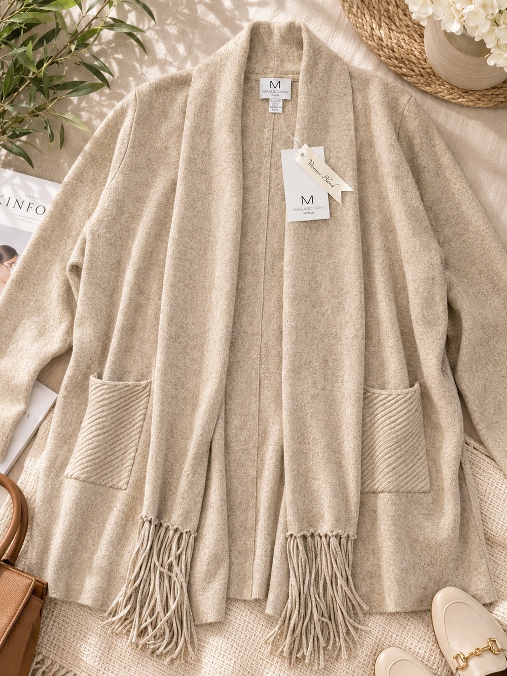 Magaschoni NWT 3X Open Front Fringe Cardigan Sandstone Heather Viscose Blend